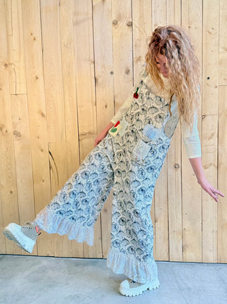 VALLEY POPPIES on Quilted Gauze Ruffle Overalls Natural Floral