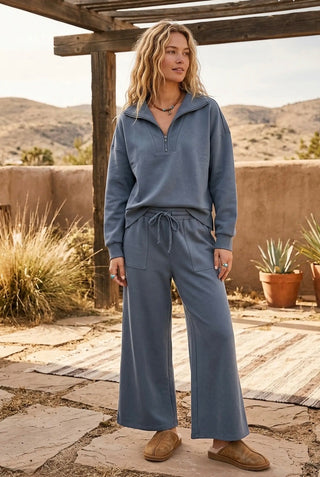Take It Easy Lux Lounge Set in Slate, half-zip pullover and wide-leg pants
