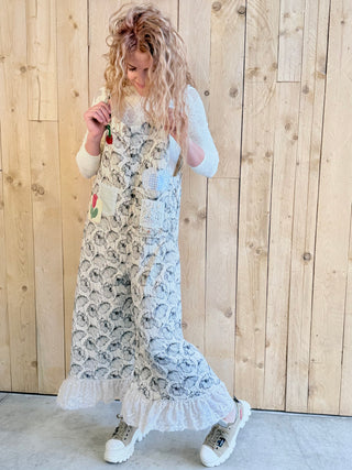 VALLEY POPPIES on Quilted Gauze Ruffle Overalls Natural Floral