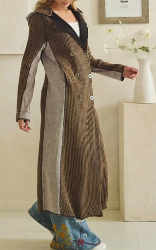 Front view of the Long Cool Woman hooded waffle jacket buttoned up, copper and brown mineral wash with pewter buttons