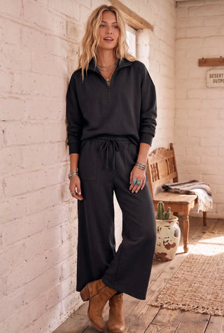 Take It Easy Lux Lounge Set in Black, half-zip pullover and wide-leg pants