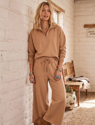 Take It Easy Lux Lounge Set in Camel, half-zip pullover and wide-leg pants