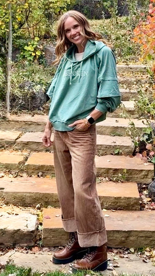 Off the Cuff barrel leg pants in Washed Brown with a deep cuff, styled with a hoodie