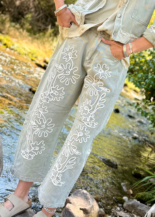 Floral Embroidered Barrel Pants