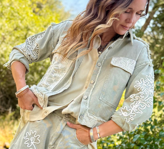 Cord Floral Embroidered Denim Jacket