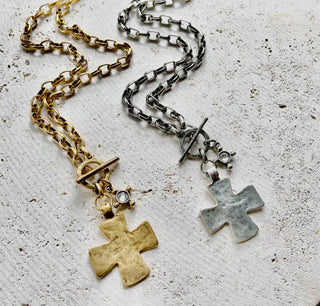 HAND CAST CROSS w/ CRYSTAL Necklace