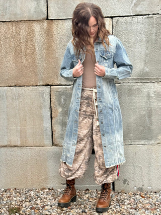 3 PINES Distressed Denim Long Jacket