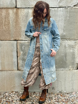 3 PINES Distressed Denim Long Jacket