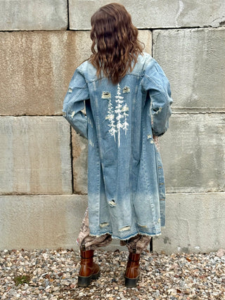 3 PINES Distressed Denim Long Jacket