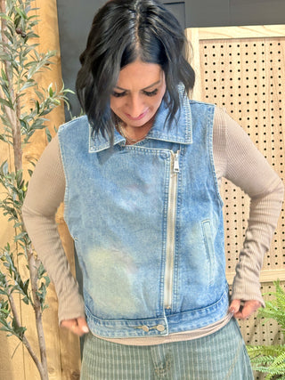 ROOTED & Rare Denim Vest zipped, showing the asymmetrical moto zip