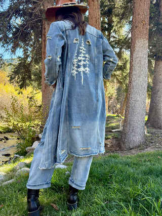 3 PINES Distressed Denim Long Jacket