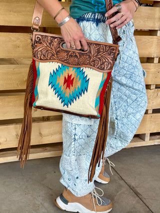 SPIRIT in the SKY WOOL & HAND TOOLED LEATHER & FRINGE Purse
