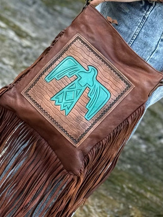 FRINGY FREE BIRD in TURQUOISE LEATHER TOTE