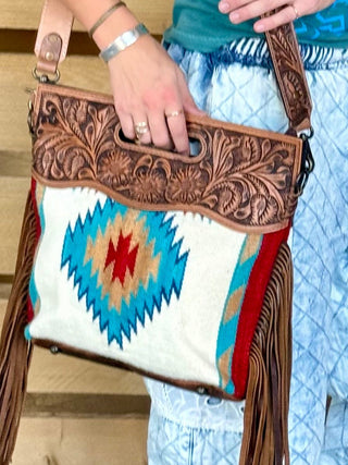SPIRIT in the SKY WOOL & HAND TOOLED LEATHER & FRINGE Purse